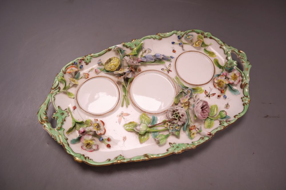 A Minton floral encrusted inkstand, pattern no.7401, overall length 27.5cm